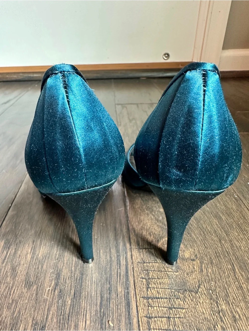 Nine West Teal Satin Peep-Toe Heels with Gem Accent, Size 8